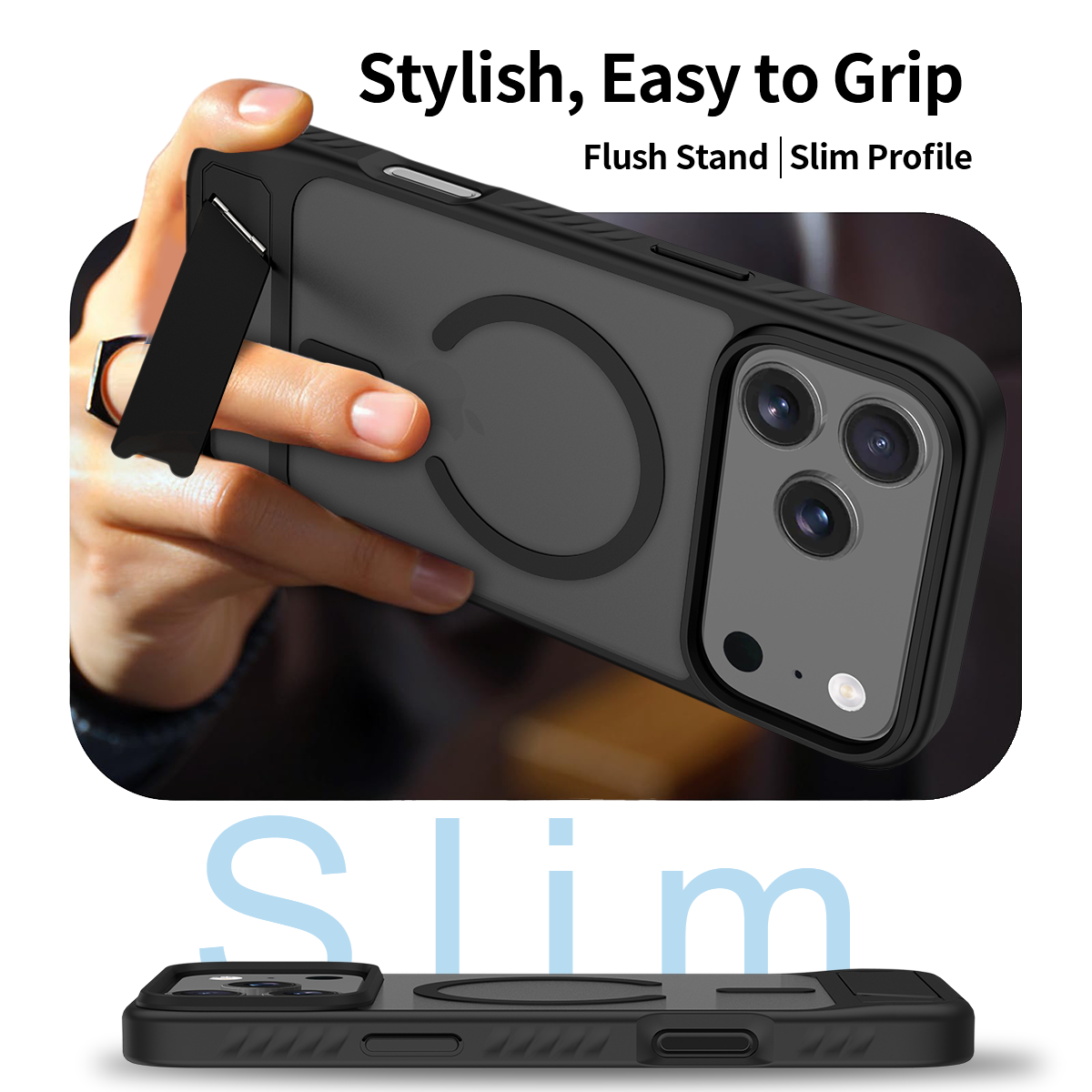 TORGEER iPhone 17 Pro Max Magnetic Case – Wireless Charging Compatible, Military Grade Shockproof Translucent Cover with Kickstand, Anti-Fingerprint Slim Protective Case (Black)